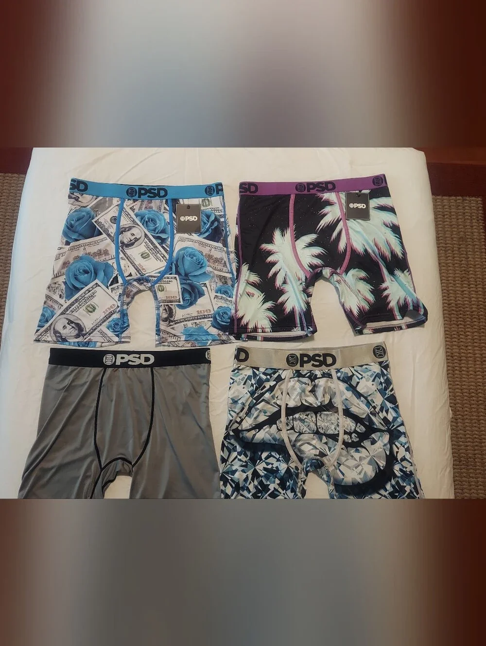 PSD Boxer Brief 4-Pack – Blue Floral Money, Purple Palm, Gray, Blue Geometric.